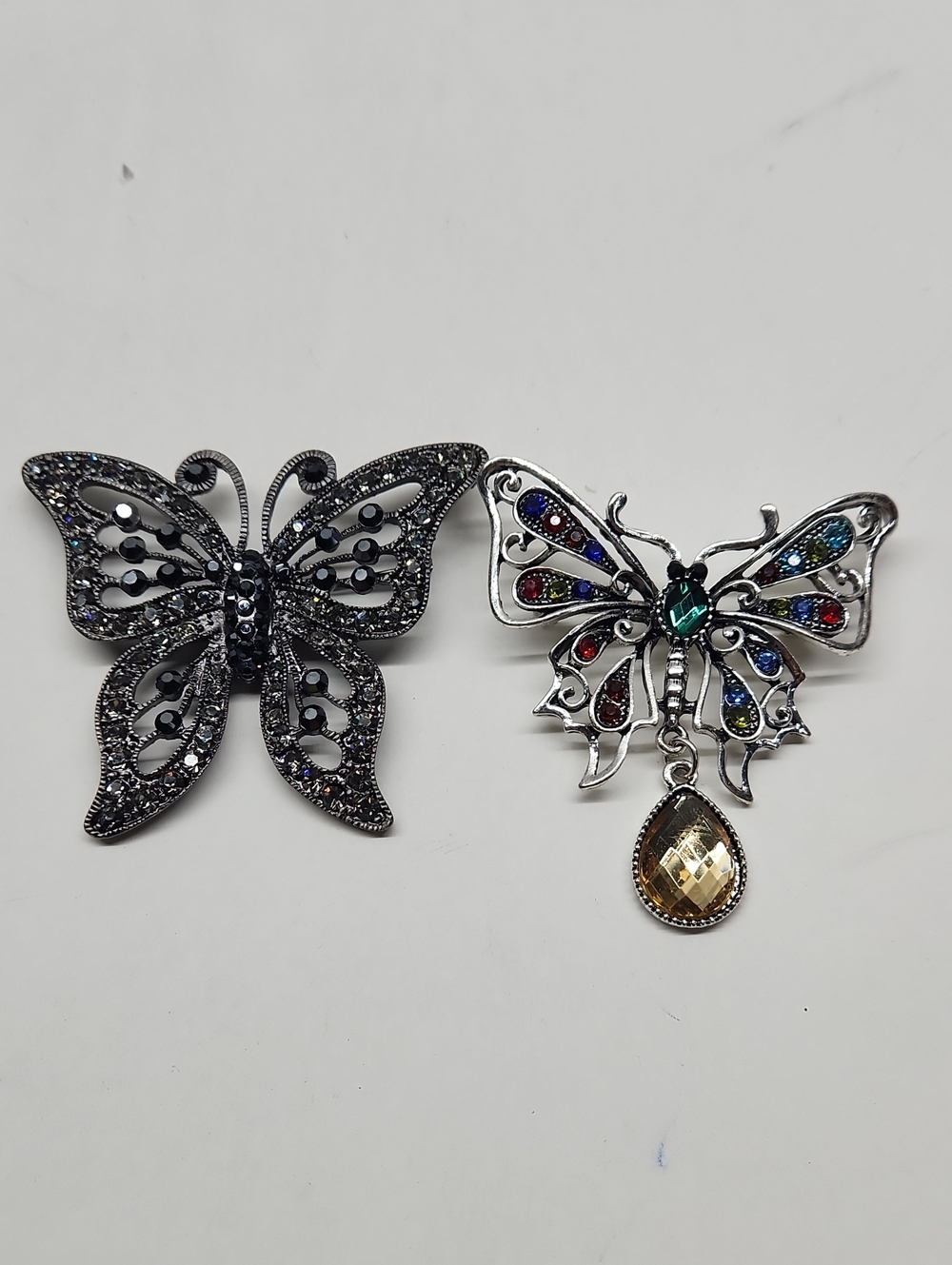 Butterfly Brooch Duo - Black and Multicolor Crystal Accents
